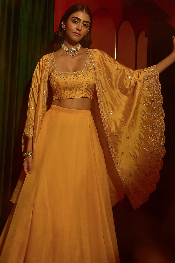 Yellow Pure Silk Zardosi Hand Embroidered Cape Set by Vinita Bhansali at Pernia's Pop Up Shop