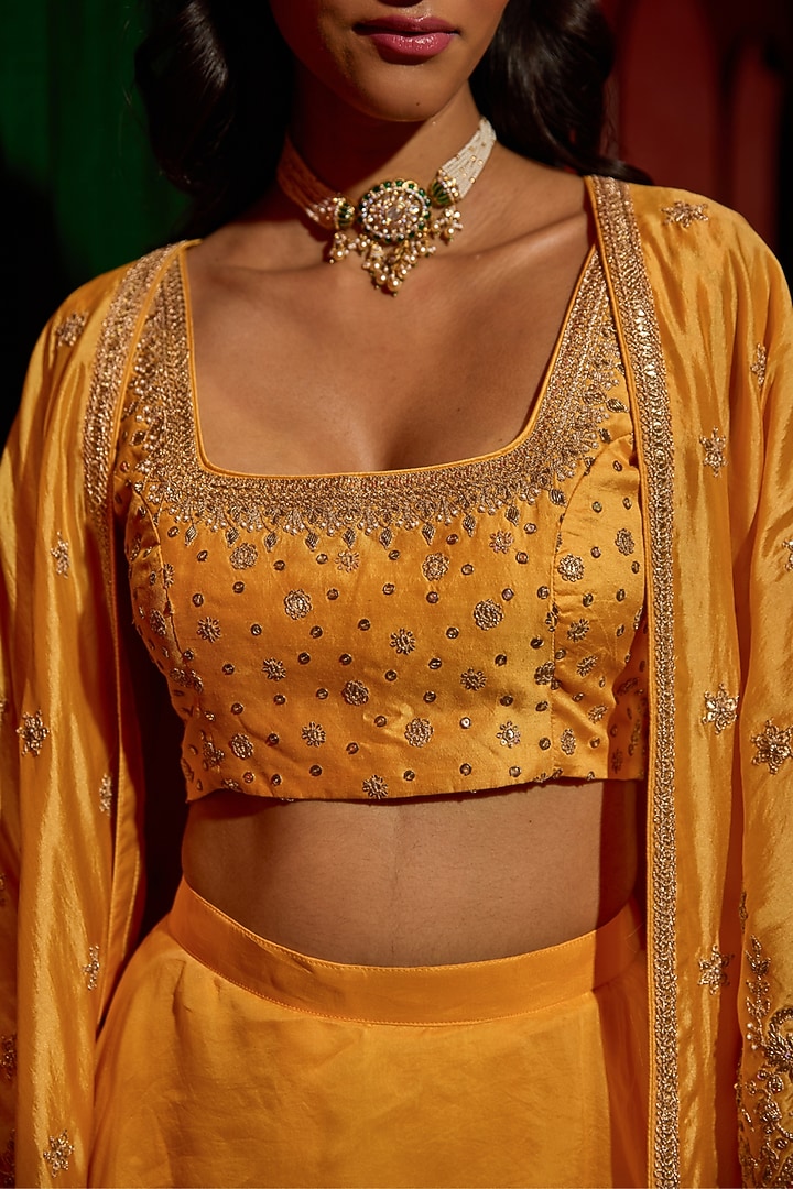 Yellow Pure Silk Zardosi Hand Embroidered Cape Set by Vinita Bhansali at Pernia's Pop Up Shop