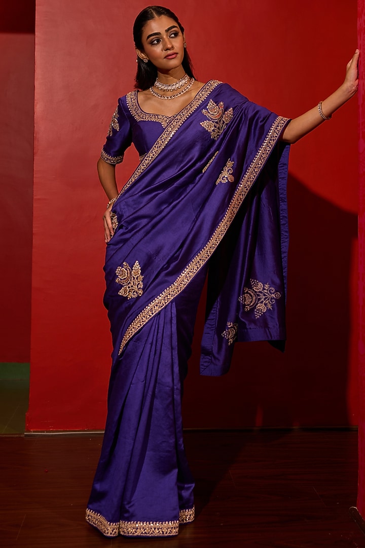Purple Pure Silk Zardosi Embroidered Wedding Saree Set by Vinita Bhansali at Pernia's Pop Up Shop