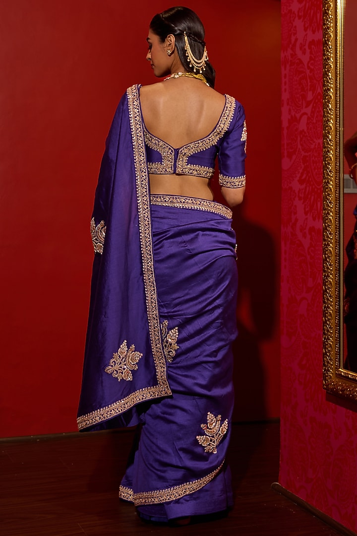 Purple Pure Silk Zardosi Embroidered Wedding Saree Set by Vinita Bhansali at Pernia's Pop Up Shop