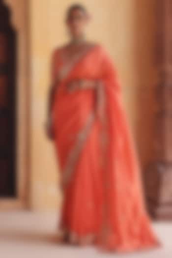 Orange Pure Silk Zardosi Embroidered Reception Saree Set by Vinita Bhansali at Pernia's Pop Up Shop