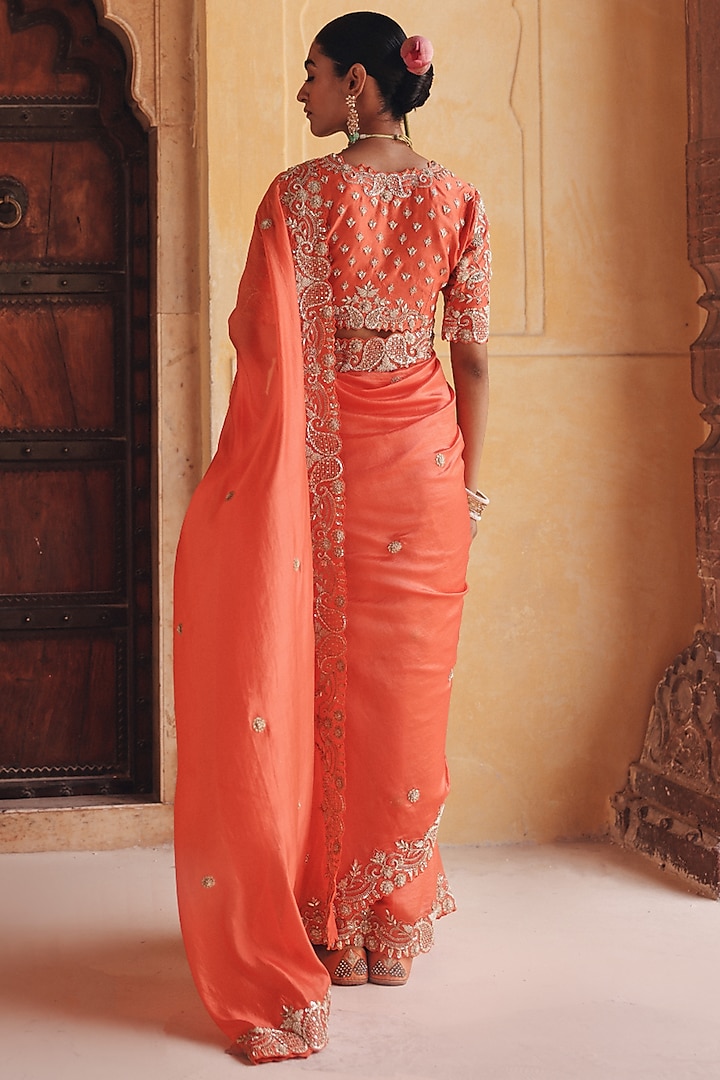 Orange Pure Silk Zardosi Embroidered Reception Saree Set by Vinita Bhansali at Pernia's Pop Up Shop
