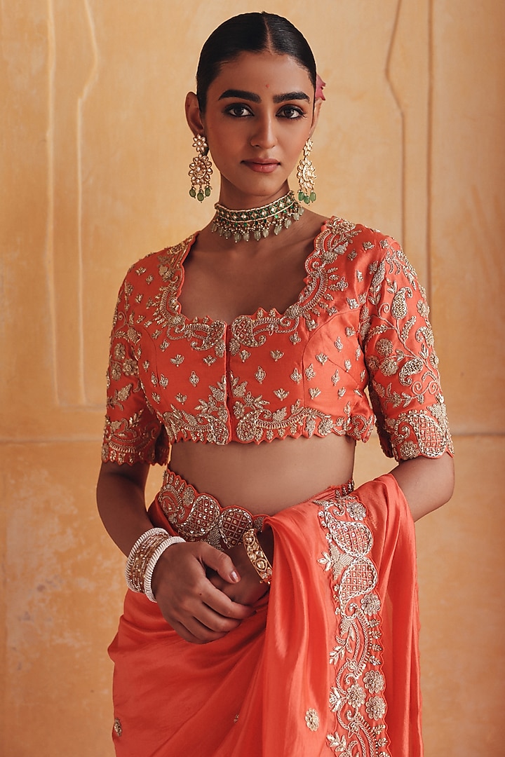 Orange Pure Silk Zardosi Embroidered Reception Saree Set by Vinita Bhansali at Pernia's Pop Up Shop
