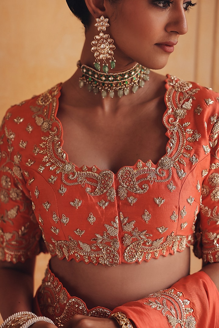 Orange Pure Silk Zardosi Embroidered Reception Saree Set by Vinita Bhansali at Pernia's Pop Up Shop