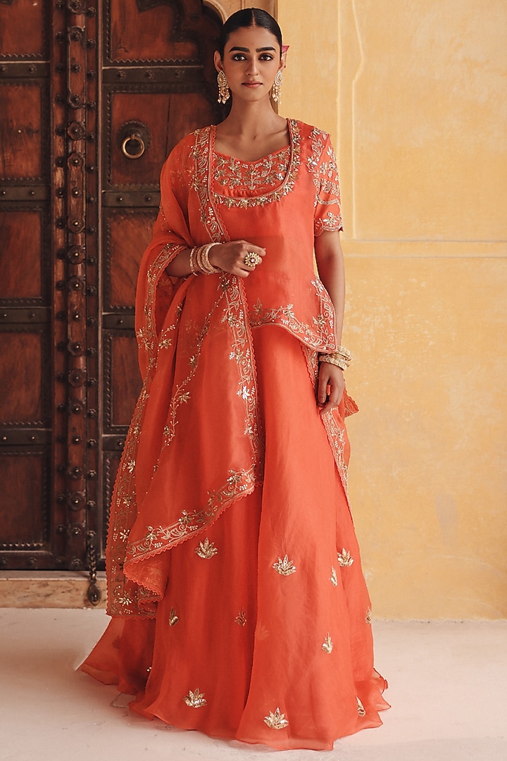 Orange Pure Silk Organza Zardosi Embroidered Wedding Lehenga Set by Vinita Bhansali at Pernia's Pop Up Shop