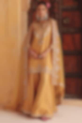 Mustard Yellow Pure Silk Zardosi Embroidered Bridal Sharara Set by Vinita Bhansali at Pernia's Pop Up Shop
