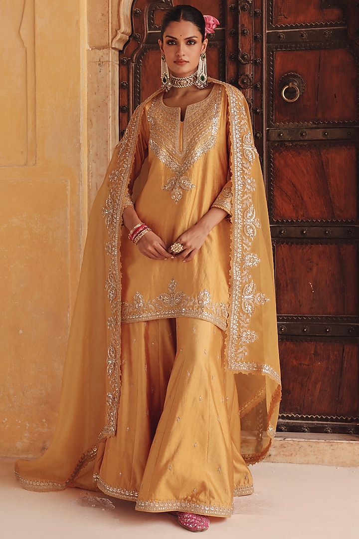 Mustard Yellow Pure Silk Zardosi Embroidered Bridal Sharara Set by Vinita Bhansali at Pernia's Pop Up Shop