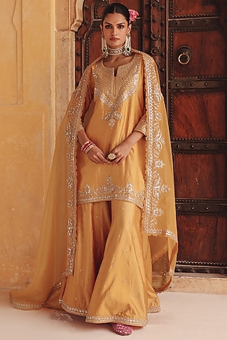 Mustard Yellow Pure Silk Zardosi Embroidered Sharara Set by Vinita Bhansali