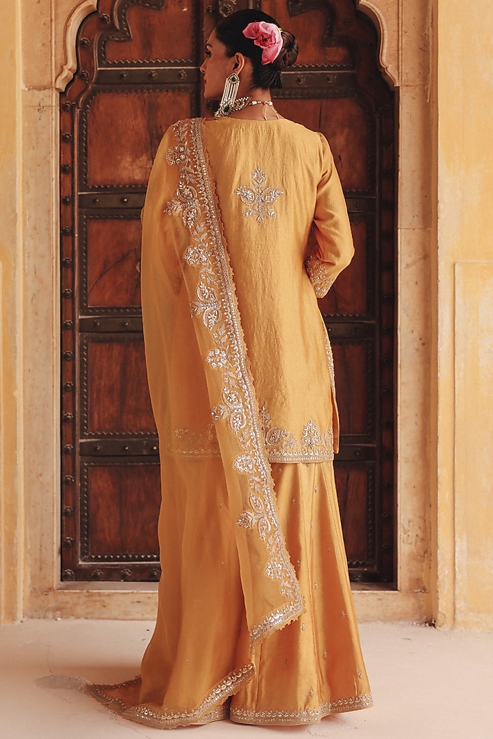 Mustard Yellow Pure Silk Zardosi Embroidered Bridal Sharara Set by Vinita Bhansali at Pernia's Pop Up Shop