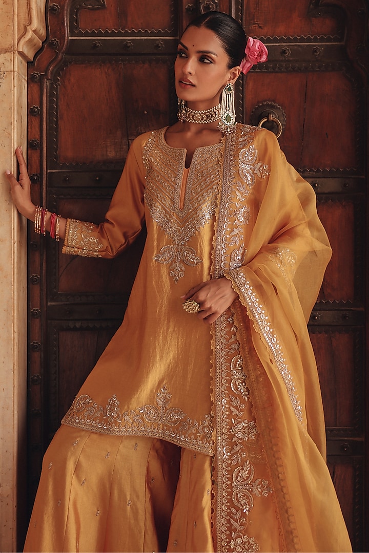 Mustard Yellow Pure Silk Zardosi Embroidered Bridal Sharara Set by Vinita Bhansali at Pernia's Pop Up Shop