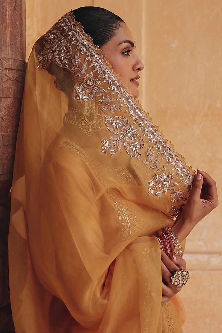 Mustard Yellow Pure Silk Zardosi Embroidered Bridal Sharara Set by Vinita Bhansali at Pernia's Pop Up Shop
