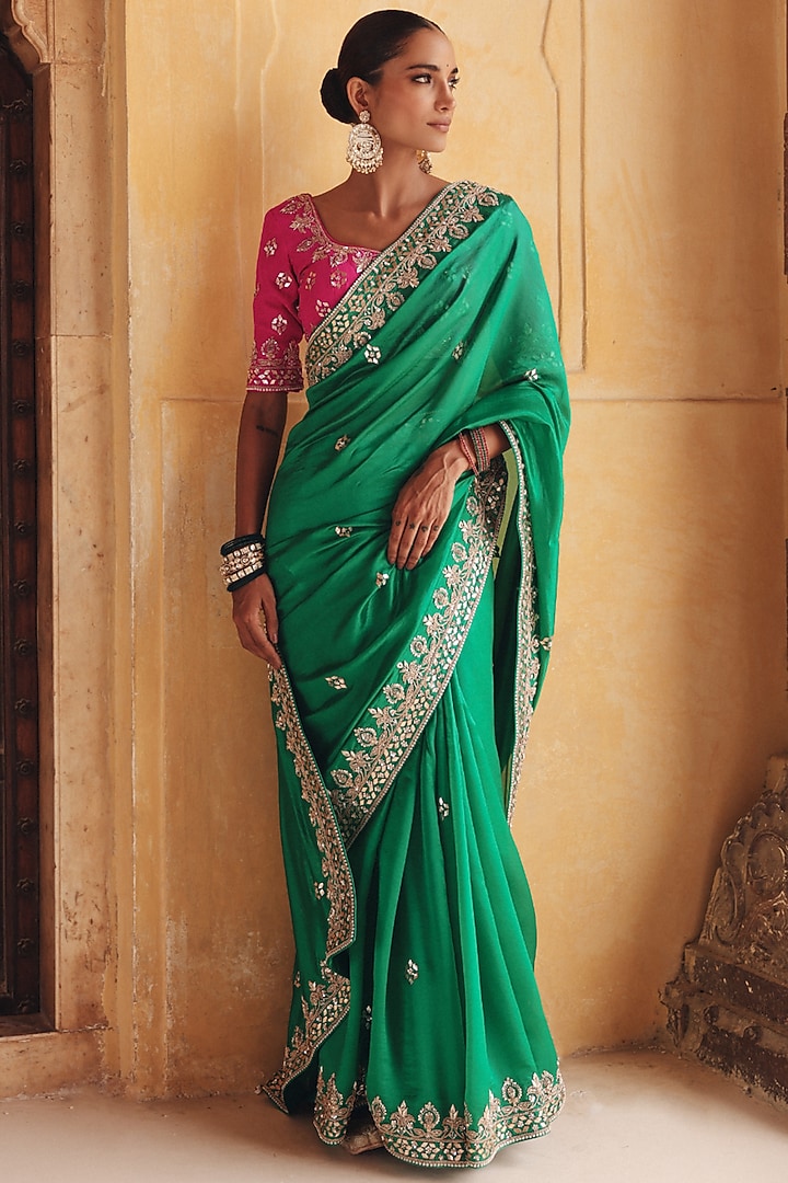 Green Pure Silk Zardosi Embroidered Reception Saree Set by Vinita Bhansali at Pernia's Pop Up Shop