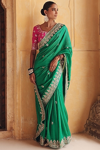 Green Pure Silk Zardosi Embroidered Saree Set by Vinita Bhansali