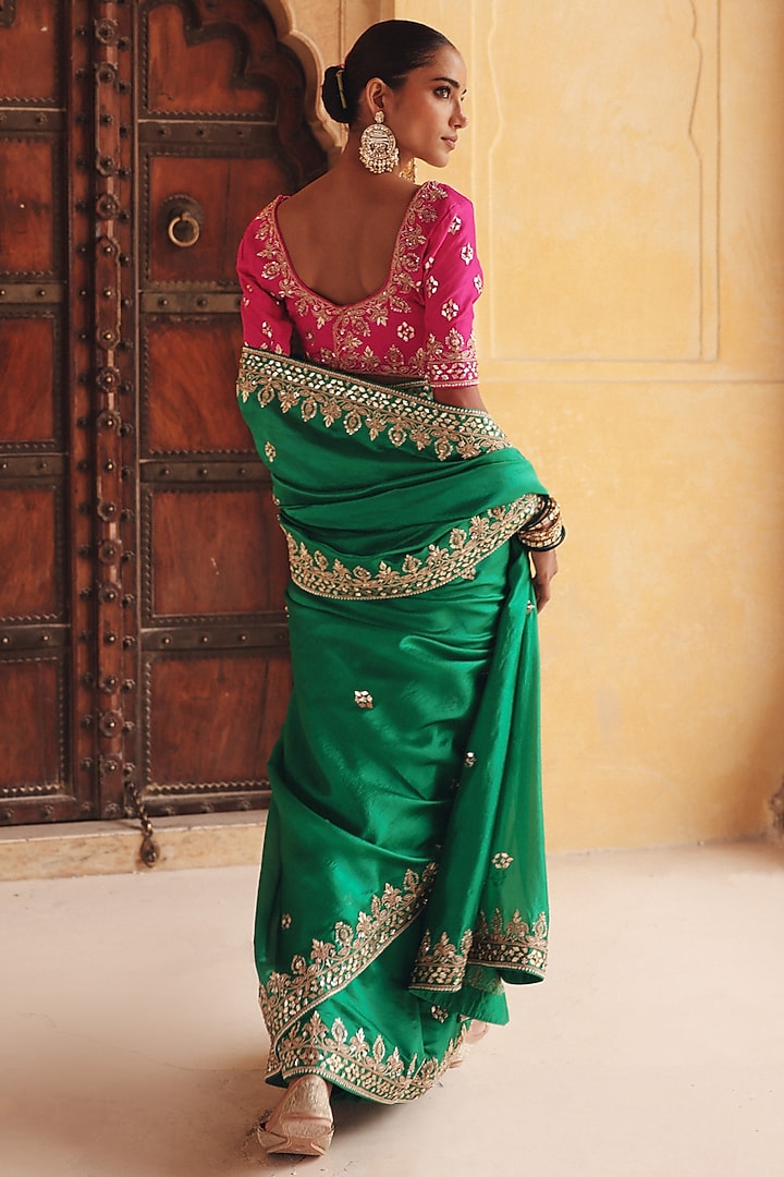 Green Pure Silk Zardosi Embroidered Reception Saree Set by Vinita Bhansali at Pernia's Pop Up Shop