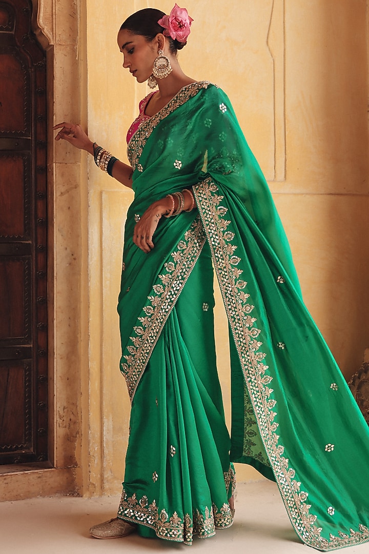 Green Pure Silk Zardosi Embroidered Reception Saree Set by Vinita Bhansali at Pernia's Pop Up Shop