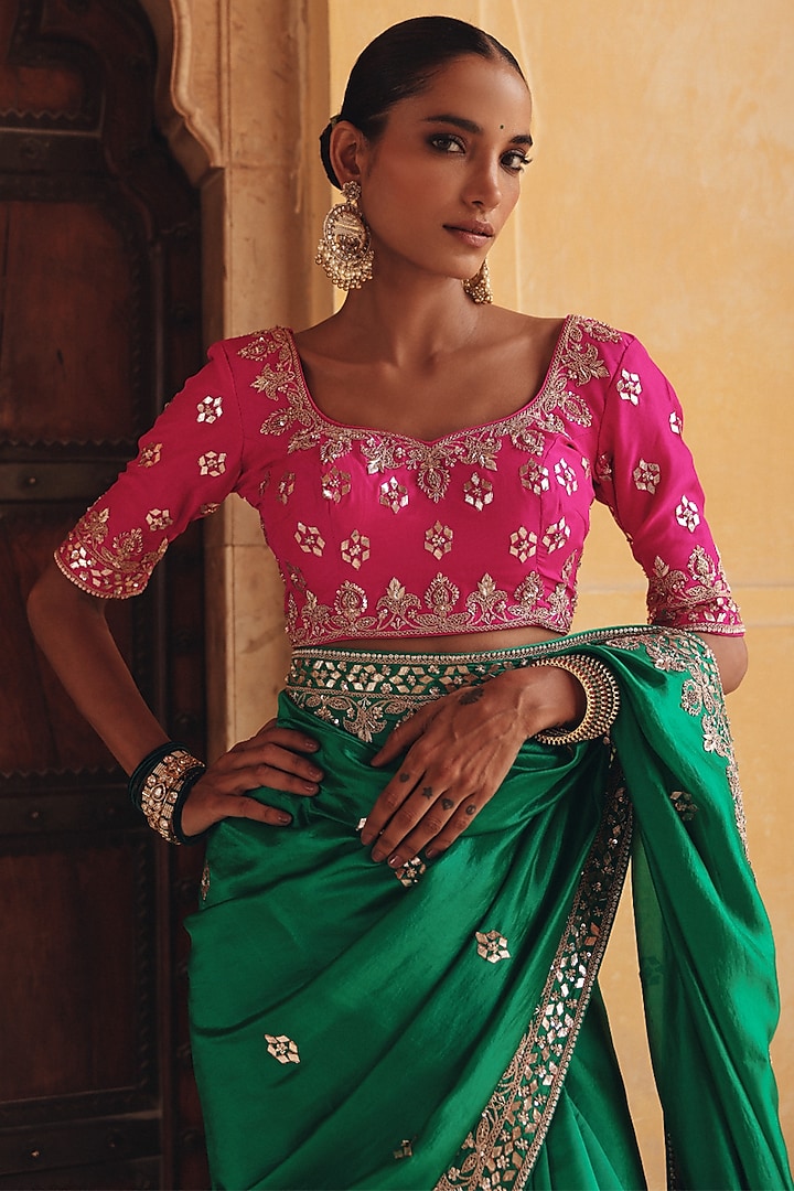 Green Pure Silk Zardosi Embroidered Reception Saree Set by Vinita Bhansali at Pernia's Pop Up Shop