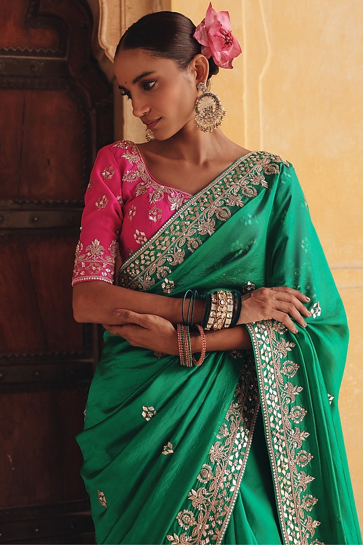 Green Pure Silk Zardosi Embroidered Reception Saree Set by Vinita Bhansali at Pernia's Pop Up Shop