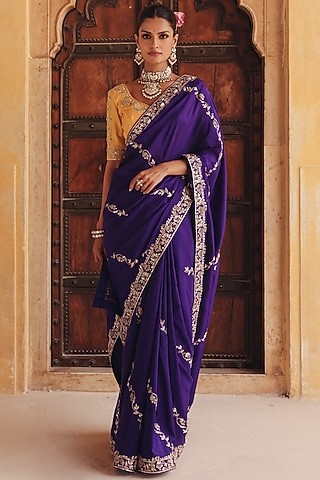 Purple Pure Silk Zardosi Embroidered Saree Set by Vinita Bhansali