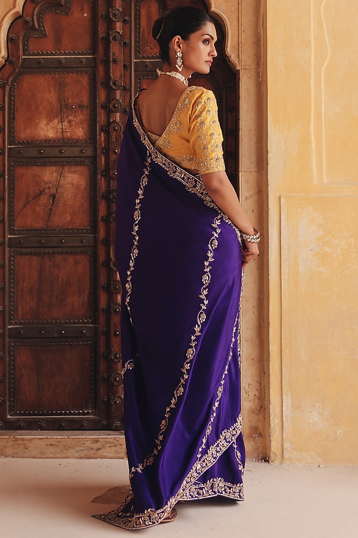 Purple Pure Silk Zardosi Embroidered Reception Saree Set by Vinita Bhansali at Pernia's Pop Up Shop
