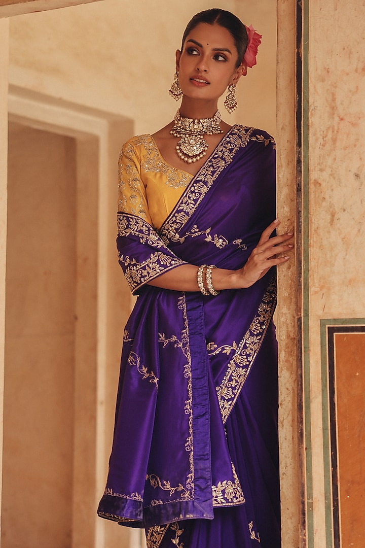 Purple Pure Silk Zardosi Embroidered Reception Saree Set by Vinita Bhansali at Pernia's Pop Up Shop