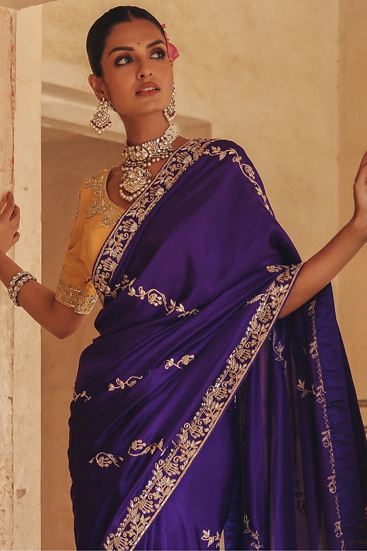 Purple Pure Silk Zardosi Embroidered Reception Saree Set by Vinita Bhansali at Pernia's Pop Up Shop