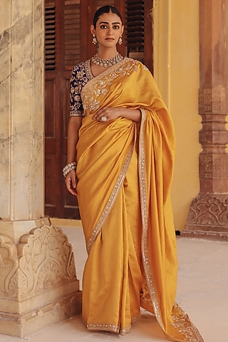 Yellow Pure Silk Zardosi Embroidered Saree Set by Vinita Bhansali