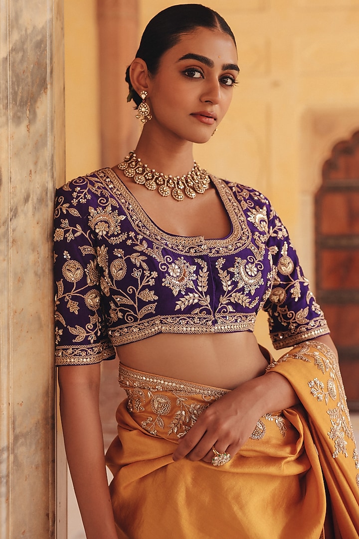 Yellow Pure Silk Zardosi Embroidered Reception Saree Set by Vinita Bhansali at Pernia's Pop Up Shop