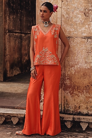 Orange Pure Silk Zardosi Embroidered Co-Ord Set by Vinita Bhansali