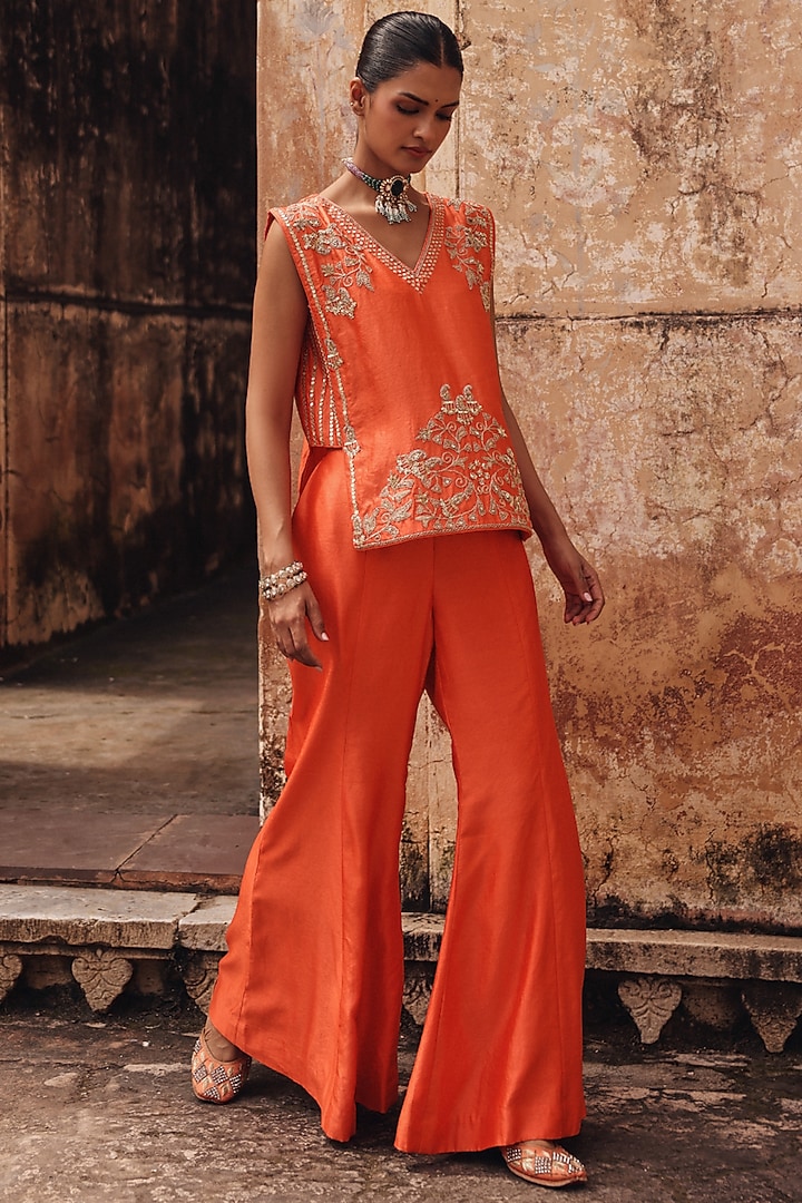 Orange Pure Silk Zardosi Embroidered Co-Ord Set by Vinita Bhansali at Pernia's Pop Up Shop