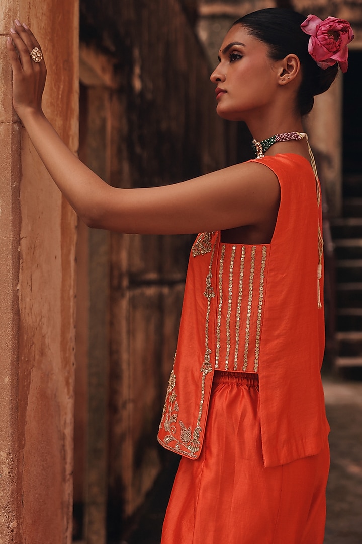 Orange Pure Silk Zardosi Embroidered Co-Ord Set by Vinita Bhansali at Pernia's Pop Up Shop