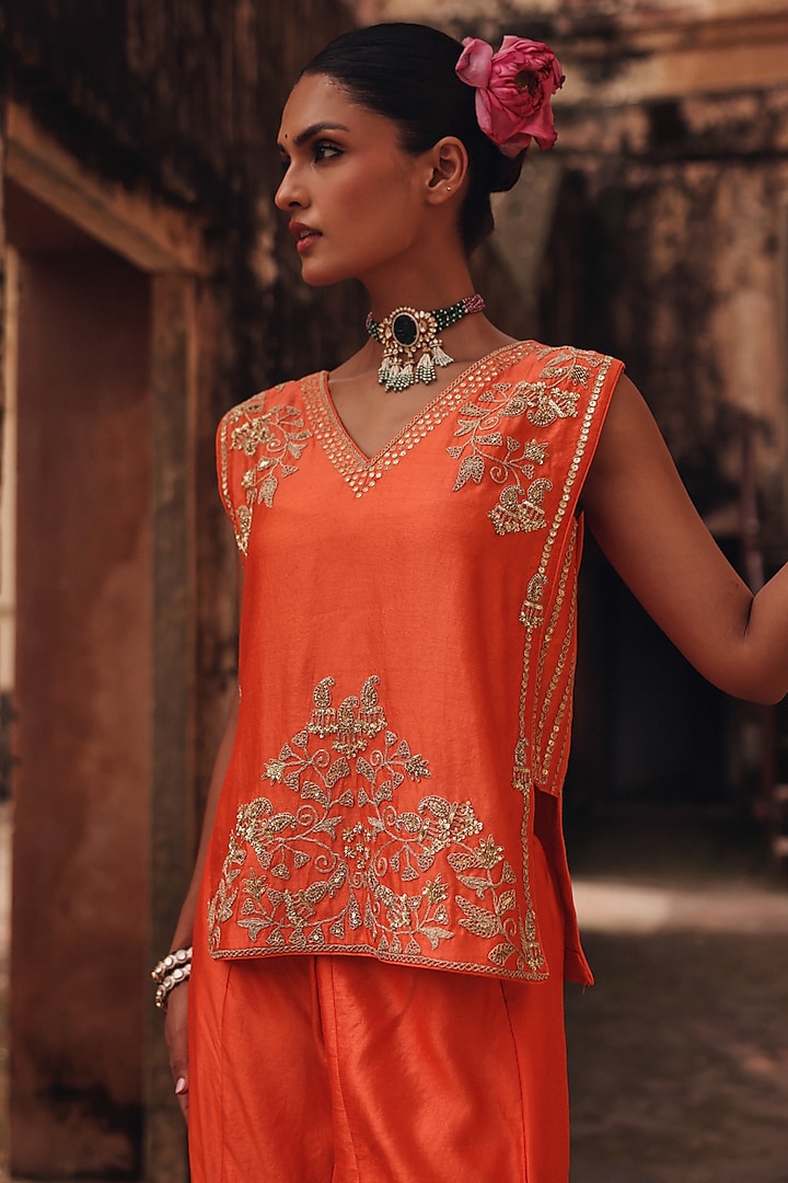 Orange Pure Silk Zardosi Embroidered Co-Ord Set by Vinita Bhansali at Pernia's Pop Up Shop