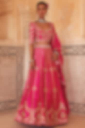 Pink Pure Silk Zardosi Embroidered Bridal Lehenga Set by Vinita Bhansali at Pernia's Pop Up Shop