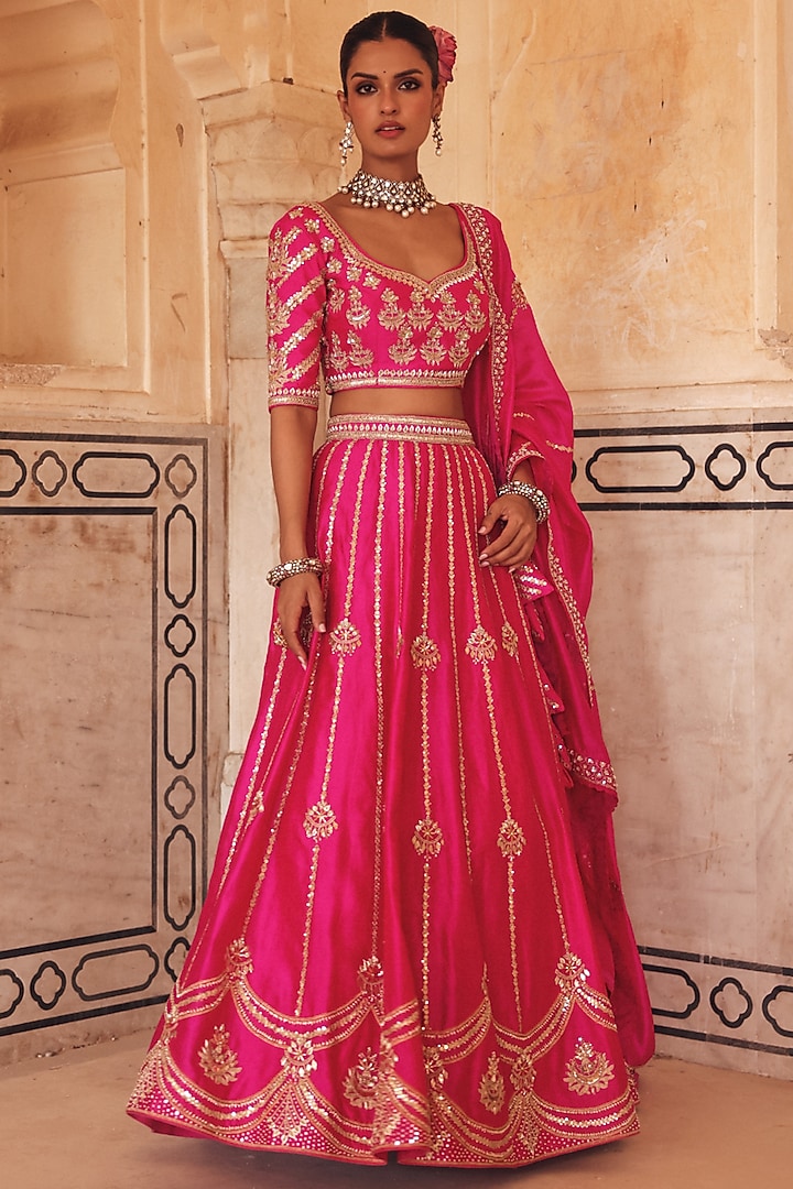 Pink Pure Silk Zardosi Embroidered Bridal Lehenga Set by Vinita Bhansali at Pernia's Pop Up Shop