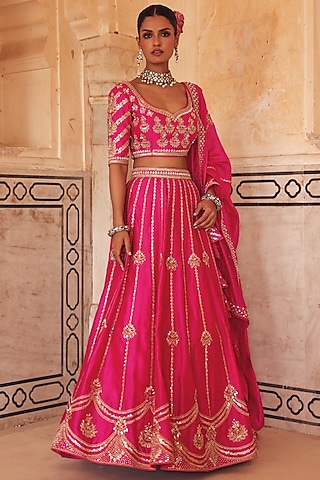 Pink Pure Silk Zardosi Embroidered Lehenga Set by Vinita Bhansali