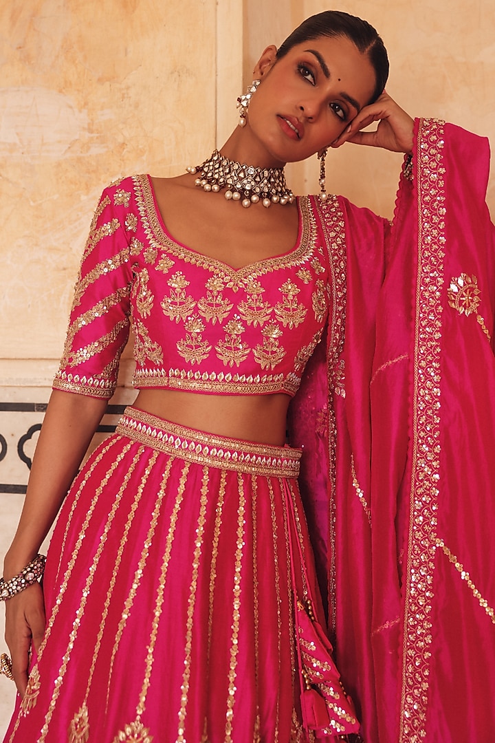 Pink Pure Silk Zardosi Embroidered Bridal Lehenga Set by Vinita Bhansali at Pernia's Pop Up Shop