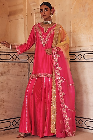 Pink Pure Silk Zardosi Embroidered Sharara Set by Vinita Bhansali