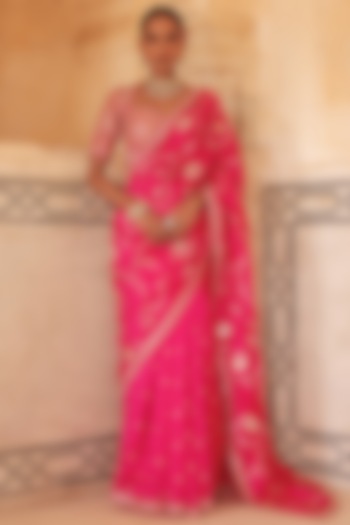Pink Pure Silk Zardosi Embroidered Reception Saree Set by Vinita Bhansali at Pernia's Pop Up Shop