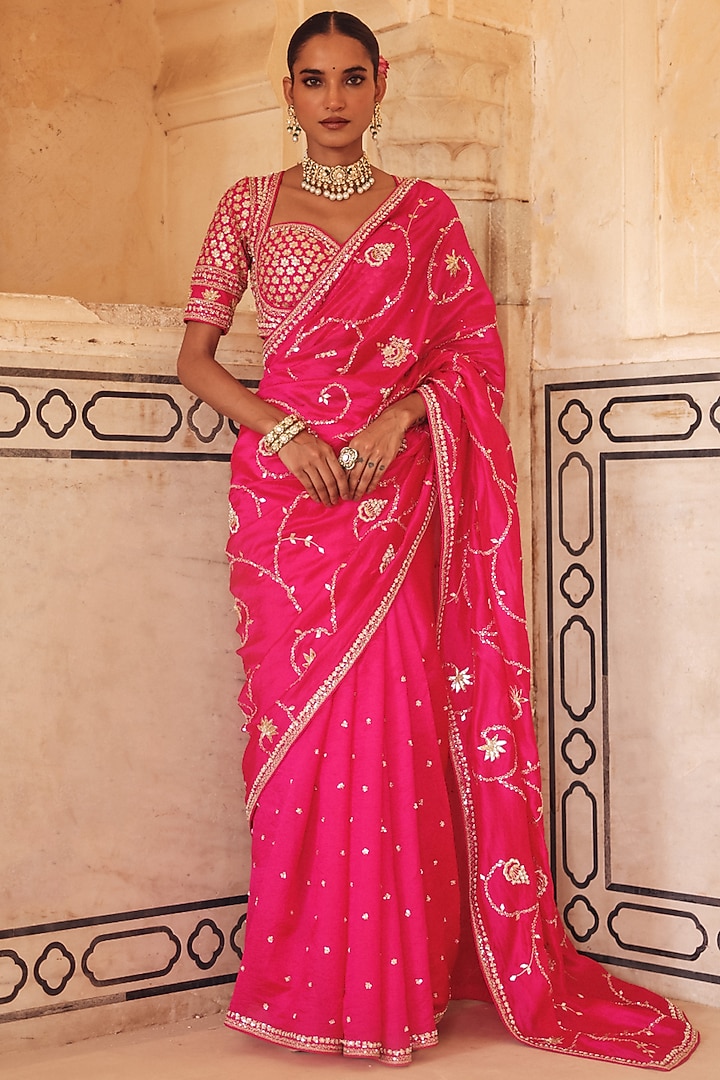 Pink Pure Silk Zardosi Embroidered Reception Saree Set by Vinita Bhansali at Pernia's Pop Up Shop