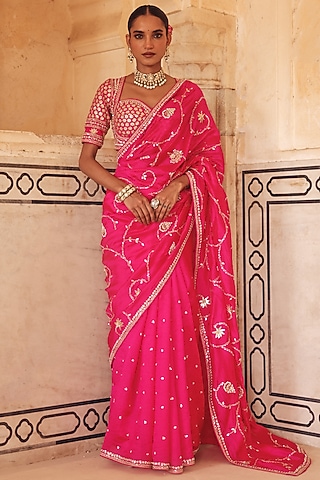 Pink Pure Silk Zardosi Embroidered Saree Set by Vinita Bhansali