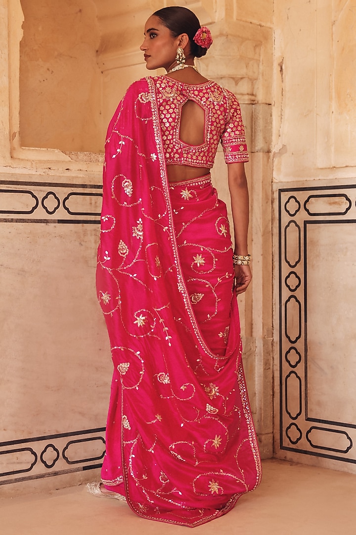 Pink Pure Silk Zardosi Embroidered Reception Saree Set by Vinita Bhansali at Pernia's Pop Up Shop
