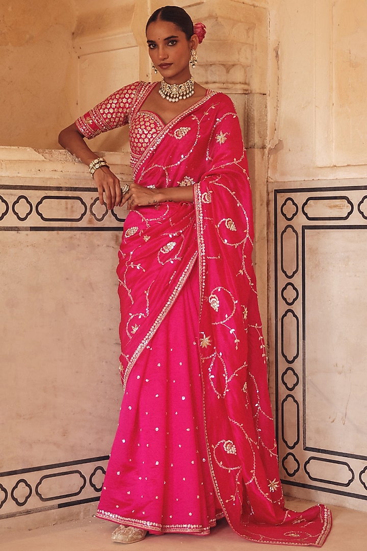 Pink Pure Silk Zardosi Embroidered Reception Saree Set by Vinita Bhansali at Pernia's Pop Up Shop
