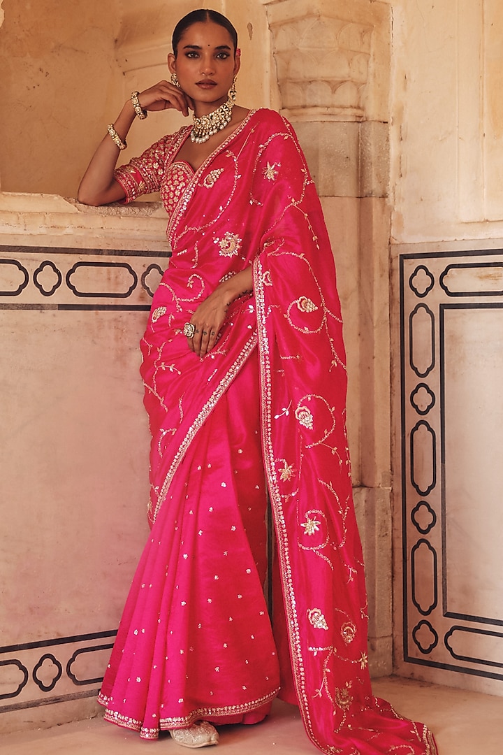 Pink Pure Silk Zardosi Embroidered Reception Saree Set by Vinita Bhansali at Pernia's Pop Up Shop
