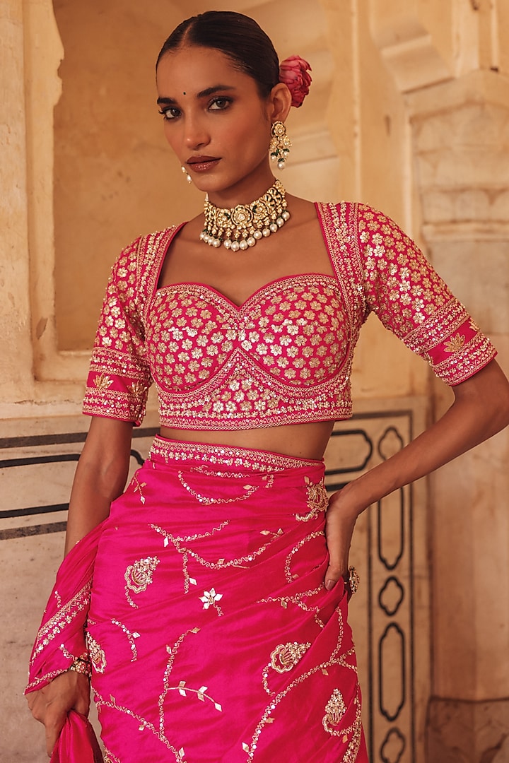 Pink Pure Silk Zardosi Embroidered Reception Saree Set by Vinita Bhansali at Pernia's Pop Up Shop