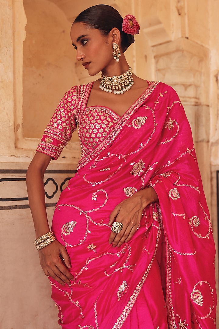 Pink Pure Silk Zardosi Embroidered Reception Saree Set by Vinita Bhansali at Pernia's Pop Up Shop