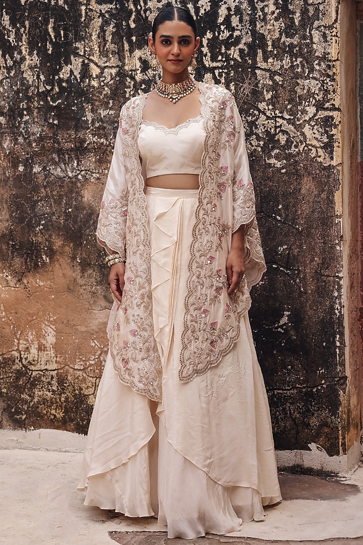 Ivory Pure Silk Zardosi Hand Embroidered Cape Set by Vinita Bhansali at Pernia's Pop Up Shop