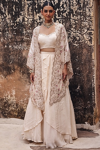 Ivory Pure Silk Zardosi Hand Embroidered Cape Set by Vinita Bhansali