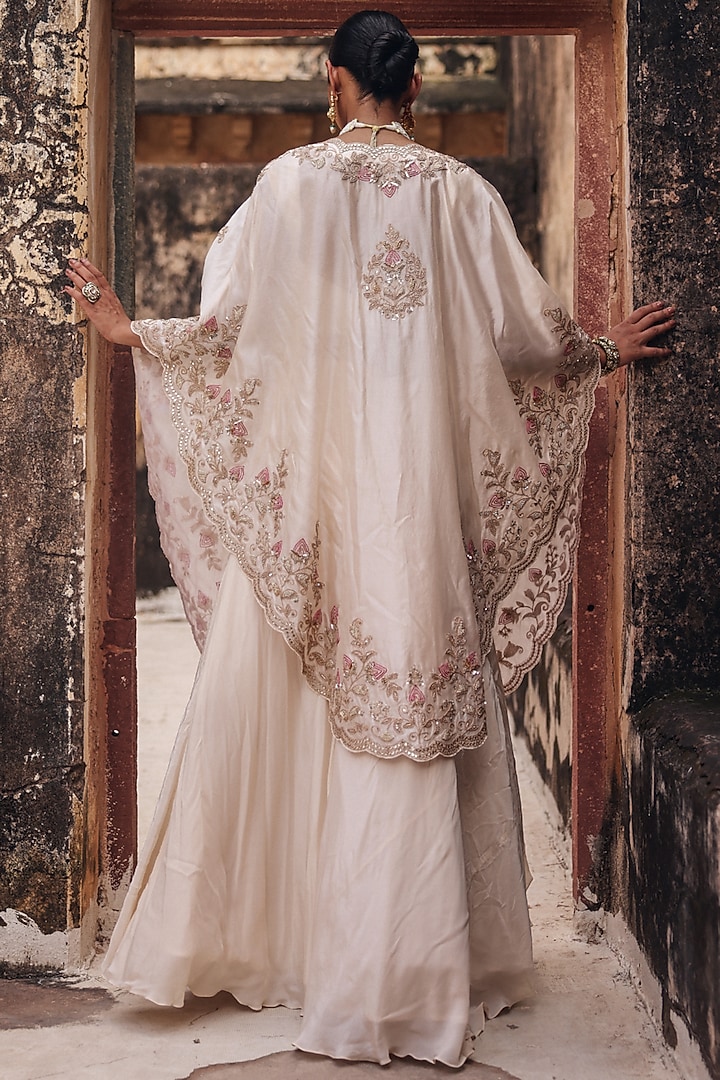 Ivory Pure Silk Zardosi Hand Embroidered Cape Set by Vinita Bhansali at Pernia's Pop Up Shop