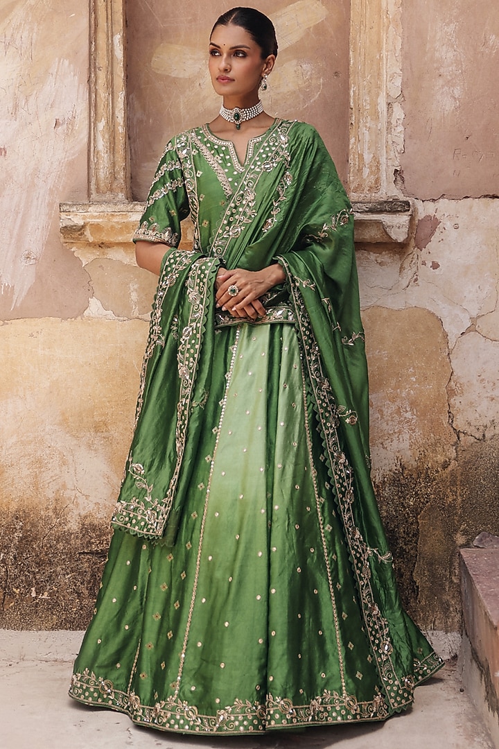 Green Pure Silk Zardosi Embroidered Wedding Lehenga Set by Vinita Bhansali at Pernia's Pop Up Shop