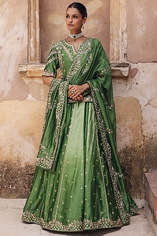 Green Pure Silk Zardosi Embroidered Lehenga Set by Vinita Bhansali