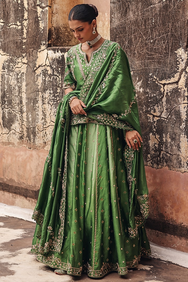 Green Pure Silk Zardosi Embroidered Wedding Lehenga Set by Vinita Bhansali at Pernia's Pop Up Shop